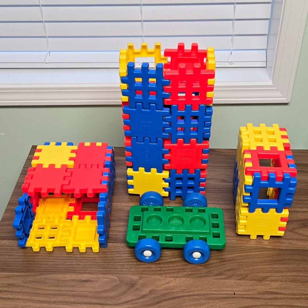 Vintage Little Tikes Waffle Blocks: 54 Blocks with Wheeled Base